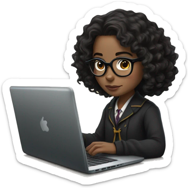 Hermione Granger with black curly hair (hand-tied), and specs, working on laptop sticker