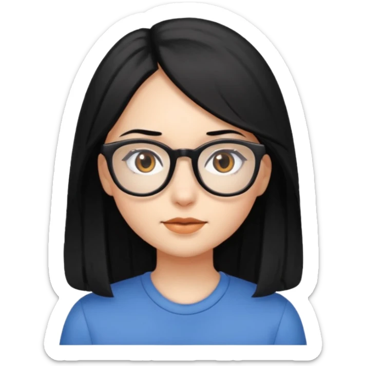girl with long black hair, brown eyes, wearing glasses sticker