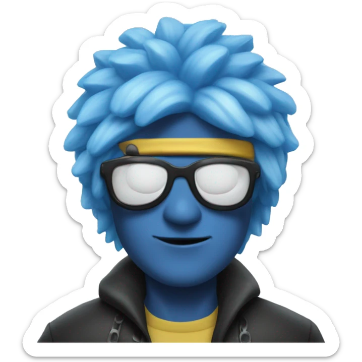 He has snow-white hair and the Six Eyes, which are a vibrant blue color.covers his eyes with a black blindfold, which props up his hair and gives it a spikier appearance.wears sunglasses and lets his hair down sticker