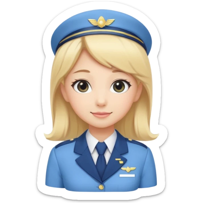 Cute emoji-style Japanese flight attendant, blonde hair long, pastel blue airline uniform, kawaii cartoon style, big eyes, simple clean lineart, pastel colors, chibi proportions, friendly smile, sticker/emoji, transparent background sticker