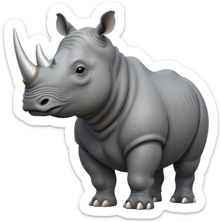 cinematic-rhino-full-body-standing-emoji,slate grey skin -massive-body-poised-powerfully,-thick-horn-curving-slightly-forward,-head-tilted-dramatically,-rough-grey-hide-covered-in-dust,-simplified-focused-features, sticker