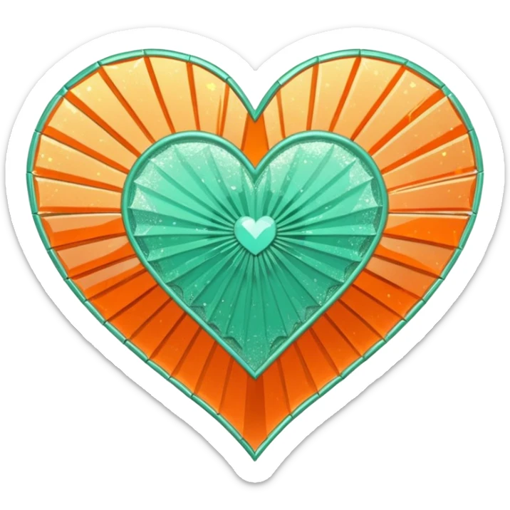 orange glittery heart, chopped  in pieces like shattered glass edges  with a couple mint green art deco fans in the center sticker