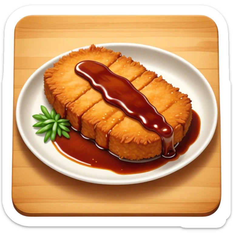 Tonkatsu Cinematic Realistic Tonkatsu Dish Emoji, depicted as a golden, crispy pork cutlet drizzled with tangy BBQ sauce, rendered with detailed textures and dynamic, appetizing lighting. sticker