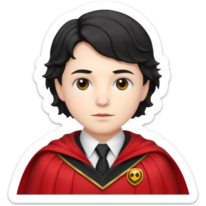 Pale skin, short black wavy hair, red and black cape, tie. A traditional vampire look. sticker