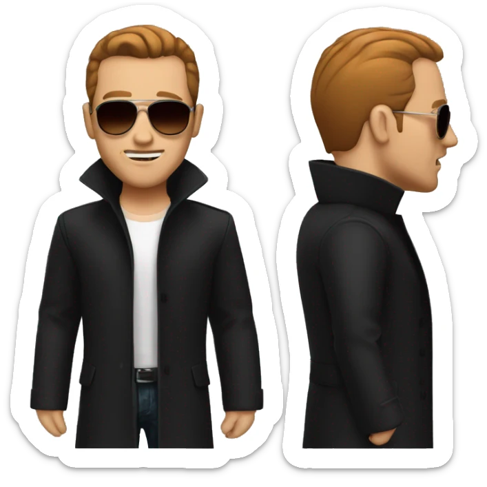 A white dude with red slicked back hair, sunglasses, red chin facial hair no mustache and a black trench coat sticker