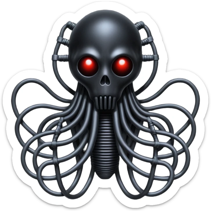 network of dark black wires and tubes forming a surreal occult creature, wrapped in black rags and bondage, Giger-inspired sticker