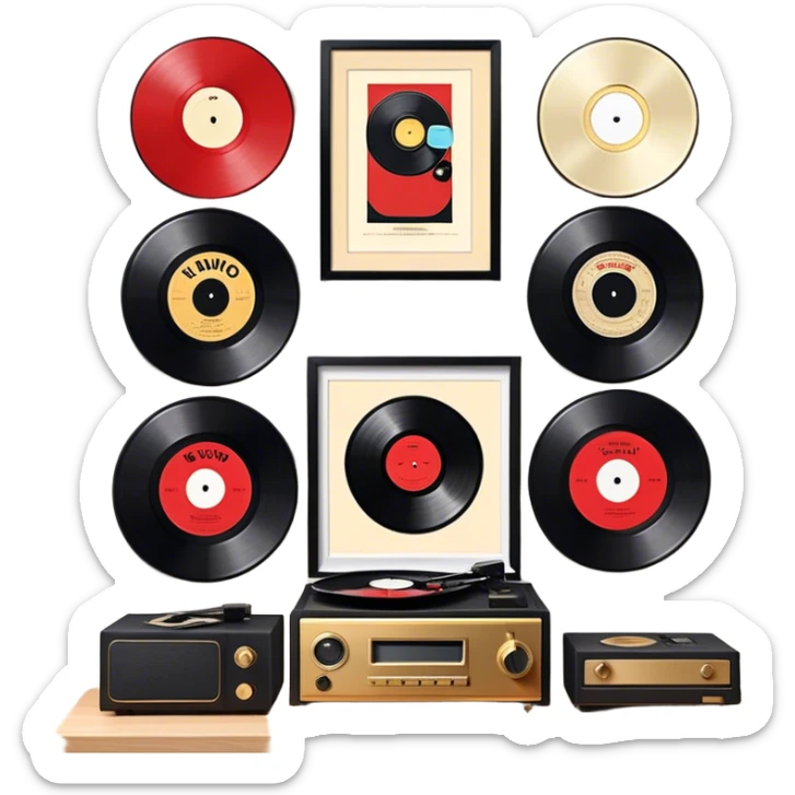 Icon for Vinyl Record Collecting: large black, golden and red vinyl records in decorative packaging featuring artist images, neatly arranged on a wall or shelf, modern vinyl record player. The icon should reflect the aesthetic and artistic aspect of collecting vinyl records. Transparent background. sticker