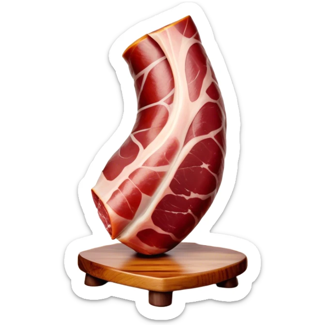 ​Cinematic Realistic Spanish Jamón Leg, depicted as a massive, cured leg of Jamón serrano (ham) with a deep reddish-brown hue, intricately marbled and slightly glossy with age, elegantly displayed on a rustic wooden stand and bathed in warm, soft lighting that accentuates its artisanal heritage, sticker