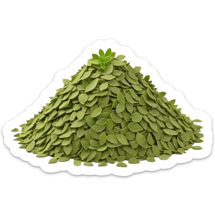 small loose pile or pinch of dried oregano leaves, soft green to muted olive tones, crumbly irregular texture, finely broken up, lightweight, slightly curled, dry matte surface, 3D-rendered, clean, minimal, soft lighting and shadows, no faces or container, transparent background, emoji scale sticker