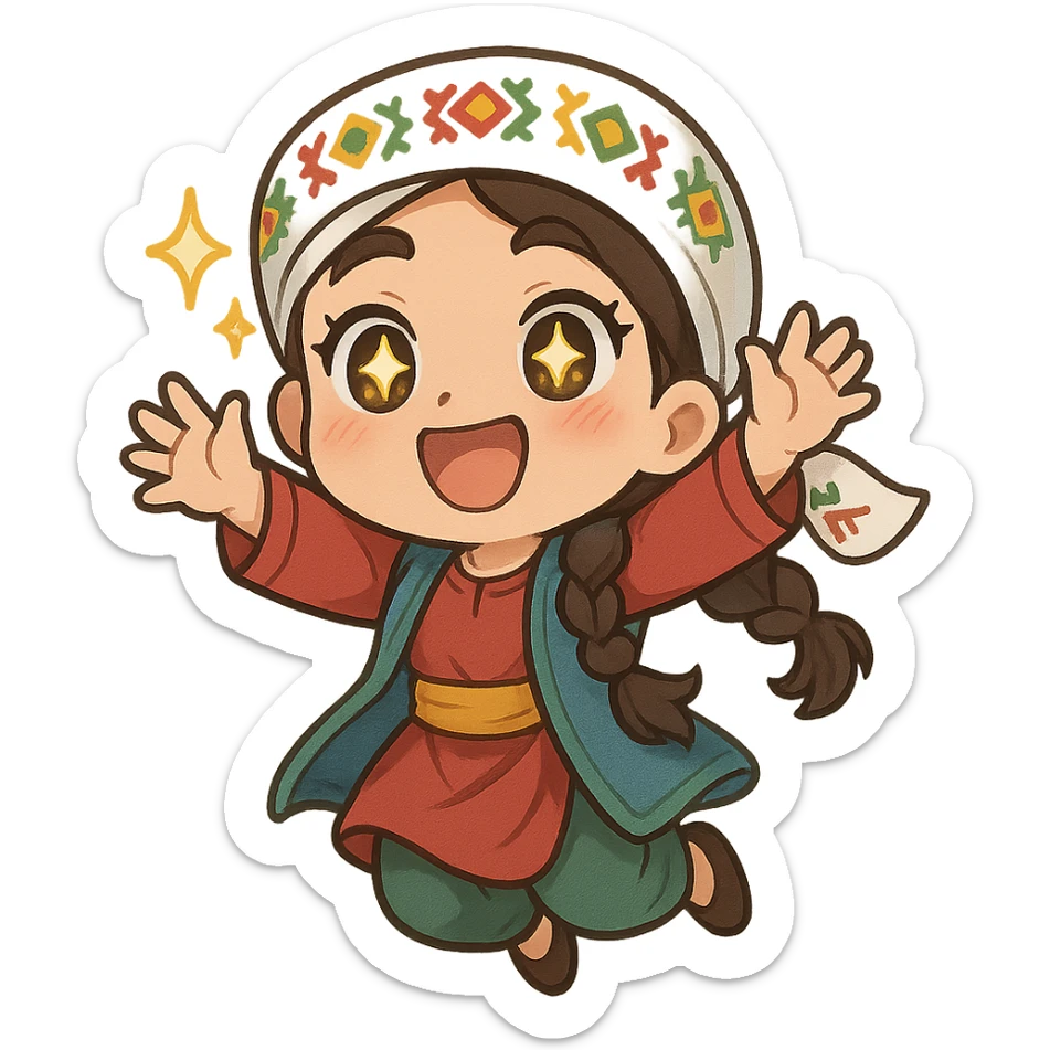 Kurdish man or woman in jamadani, cartoon style, feeling excited, jumping or with sparkling eyes, energetic pose, no text sticker
