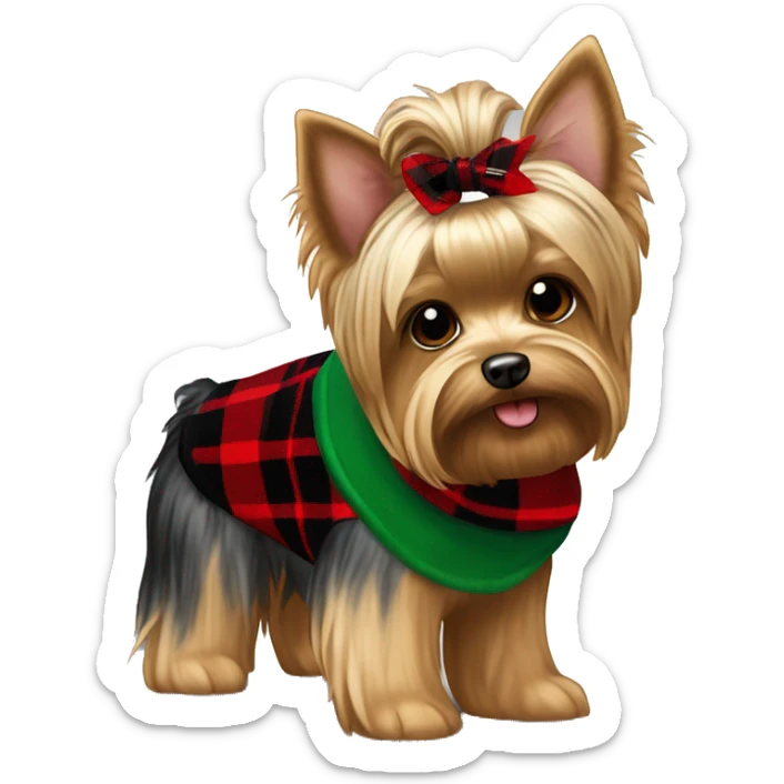 brown and white yorkie with a red and black plaid sweater the a name tag bruno with a green christmas bandana around the neck sticker