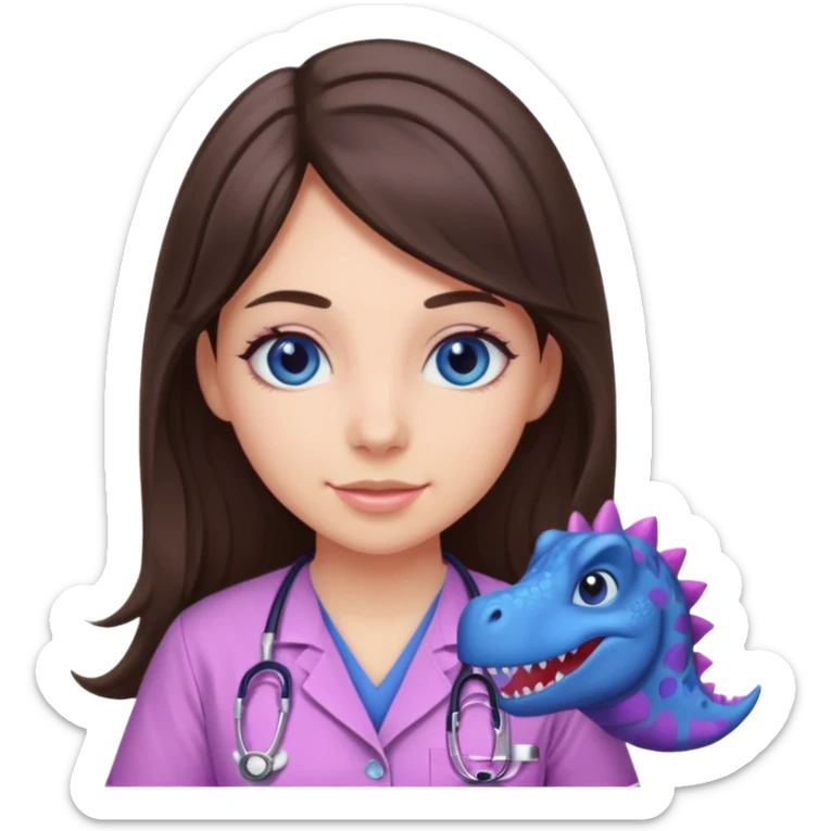 pretty brunette nurse with long hair and blue eyes in pink and purple dinosaur pattern scrubs sticker