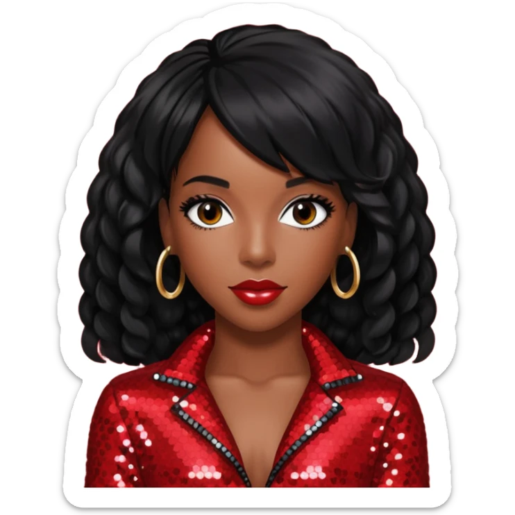 Kelly Rowland from Destiny's Child with jet black hair, red sequin outfit sticker