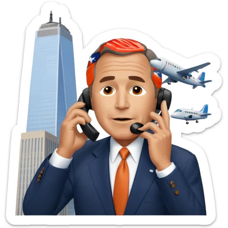  emoji of the world trade center with a plane crashed into it and george bush on a phone in front of them sticker