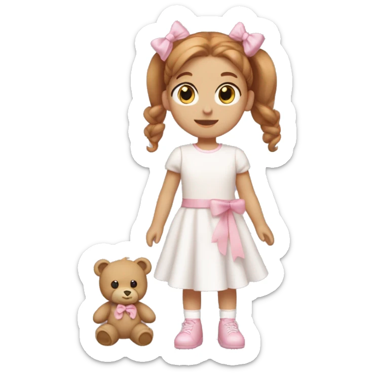 Little Girl with White skin, blue eyes. Light brown and red hair in two ponytails, with light pink bows.  She is wearing a light pink and White dress, standing and holding a teddybear with a pink bow. sticker
