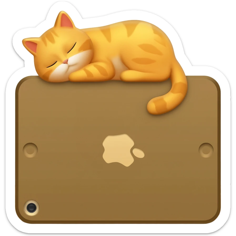 iPad icon bronze metallic with cute gold fluffy kitty sleeping above regular wood floor with white walls sticker