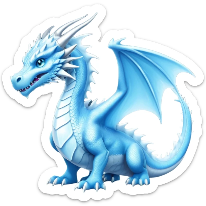 Cinematic Noble wise elegant Ice Dragon full body  Emoji, Poised and imposing, distinct long elegant snout, with a slender, scaled body shimmering in glacial hues of icy blue, frostbitten silver, and crystalline white, breathing out frost, with piercing, glowing ice blue white eyes that radiate the chilling depths of an arctic storm; rendered in detail. excuding wisdom sticker