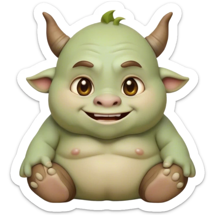 Cinematic Cute Ogre Portrait Emoji, with a surprisingly endearing, plump and huggable figure in soft earthy greens and browns, featuring big, kind eyes and a bashful smile, simplified yet irresistibly adorable, highly detailed with a soft glowing outline that captures the charm of a friendly giant who seems ready for a warm hug! sticker