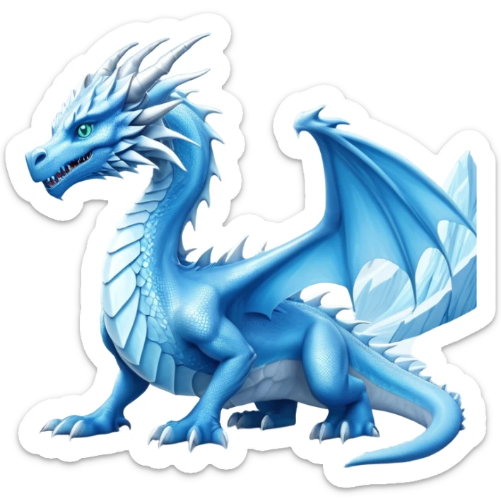 Cinematic Noble wise elegant Ice Dragon full body  Emoji, Poised and imposing, distinct long elegant snout, with a slender, scaled body shimmering in glacial hues of icy blue, frostbitten silver, and crystalline white, breathing out frost, with piercing, glowing ice blue white eyes that radiate the chilling depths of an arctic storm; rendered in detail. excuding wisdom sticker