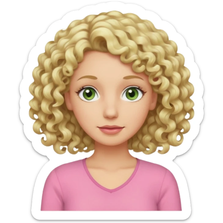 a woman in her late 40s and has greyish greenish eyes and blonde curly hair wearing a pink top sticker
