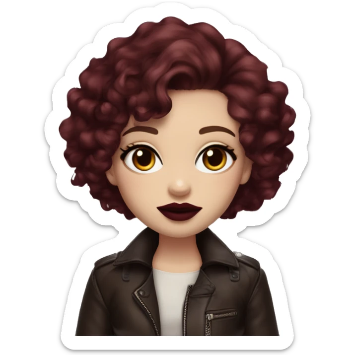 Girl with very pale skin, maroon curly short hair with a side part, heavy cat-eye makeup, long eyelashes, dark maroon blush and lipstick.  Her eyebrows are dark, arched and very high.  Hazel eyes. Big lips. Thin. Wearing a leather jacket  sticker
