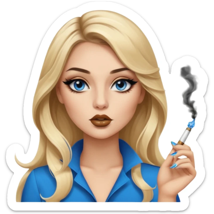 blonde balayage gorgeous girl blue eyes long hair with latina makeup smoking a cigarette and blowing smoke baddie winged eyeliner Long nails sticker
