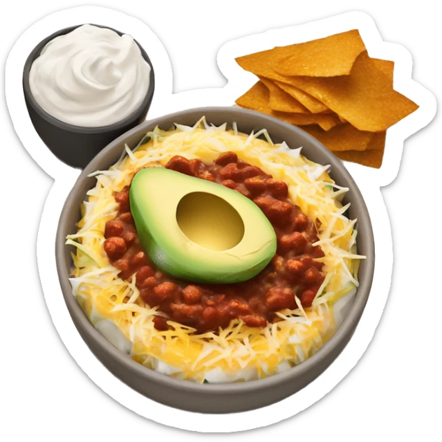 Bowl of chili with shredded cheese, sour cream and avocado on top  sticker