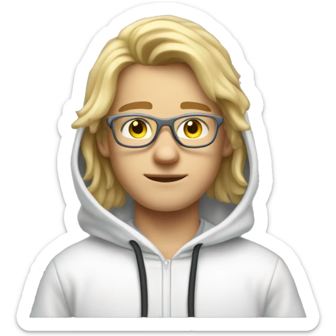 A youngh blond male student with a hoody that wears transparent glasses. He has medium long blond hair and wide shoulders sticker