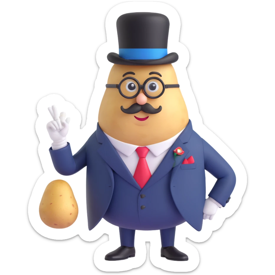memoji-inspired potato, not personified, with monocle, suit, and top hat, looking like presidential candidate sticker
