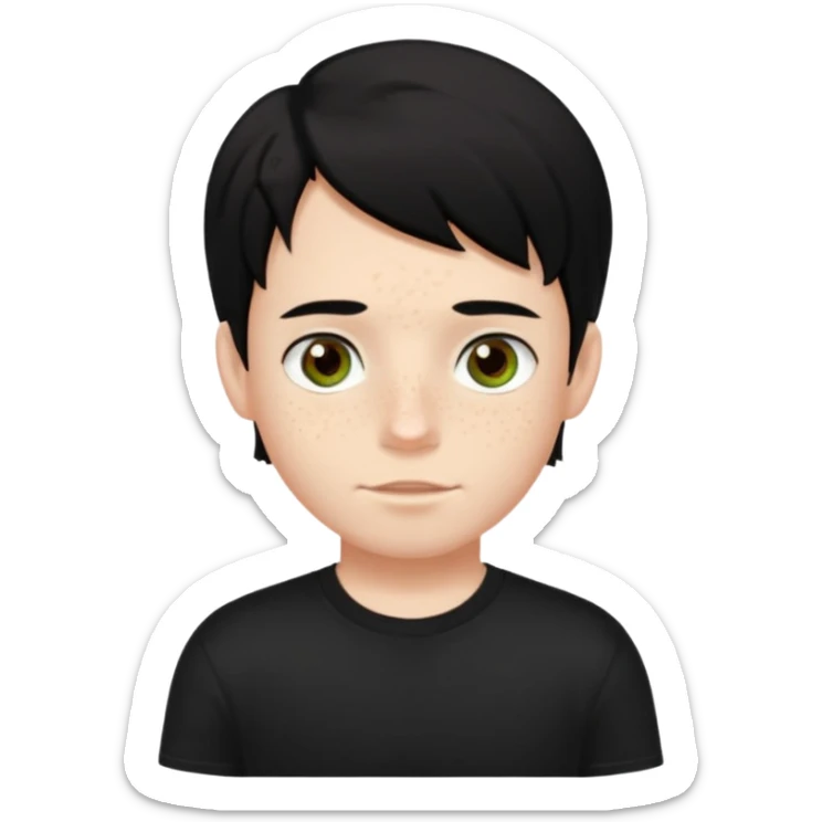 A boy with dark black hair and hazel green and brown eyes and white skin , with freckles and black t shirt with middle part hair hair with a center part sticker