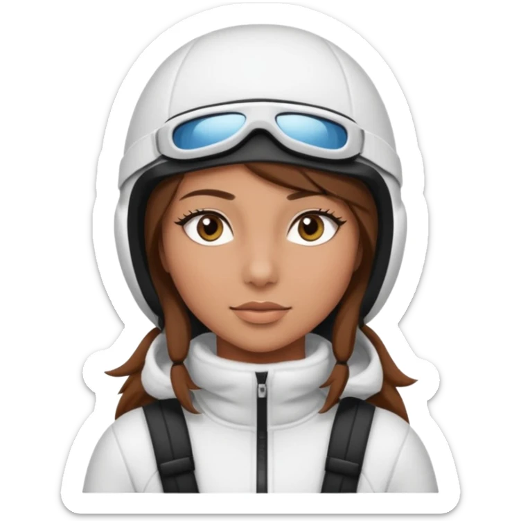 girl with brown hair and eyes and tan skin pretty long eyelashes skiing white iutfit white ski mask sticker