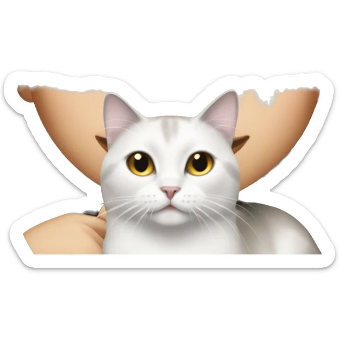 Brunette girl with straight long hair with braun eyes with grey and white cat sticker