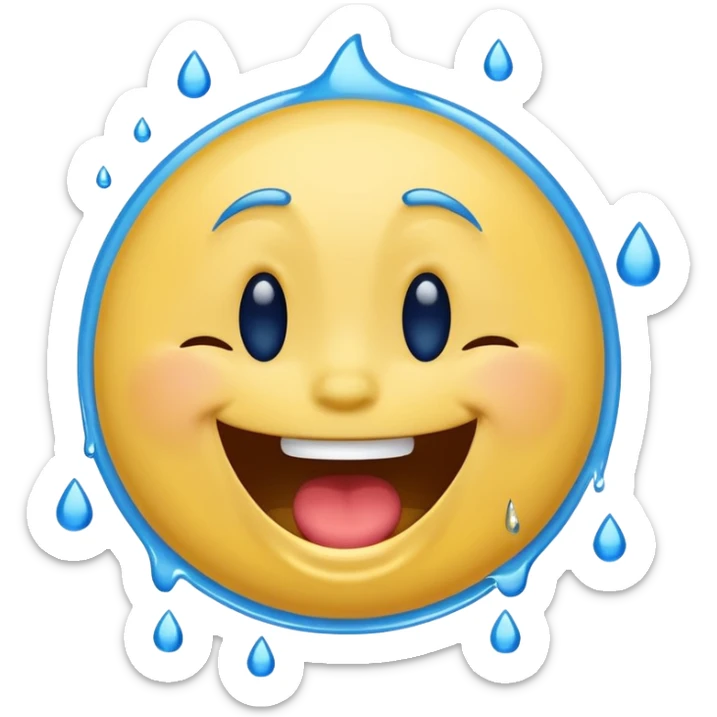 Emoji, yellow round laughing hysterically face, with blue tears of joy on it.  sticker