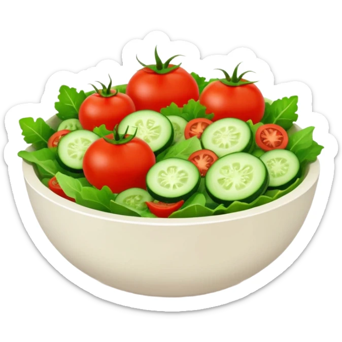 Salads avatar in clean emoji-style illustration. Fresh salad bowl with greens, tomatoes, cucumber, bright green tones, simple shapes, flat design, high contrast, light and healthy. sticker