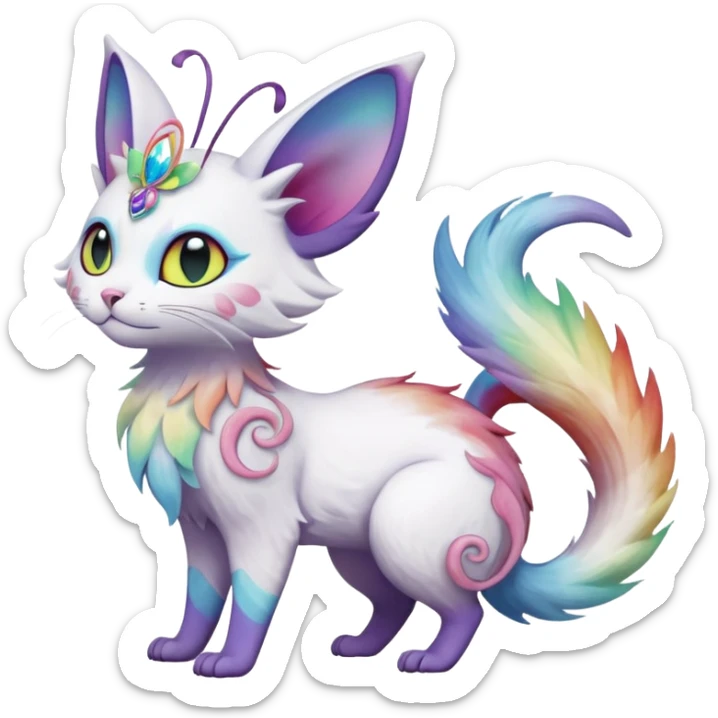 Pure-snow-White albino iridescent with pastel rainbow-gradients-color-markings with swirly patterns butterflies  faerie-Noivern-Noibat-Purloin-Torracat-Lykoi-Caracal-cat-Fakemon-fusion-hybrid-creature sticker