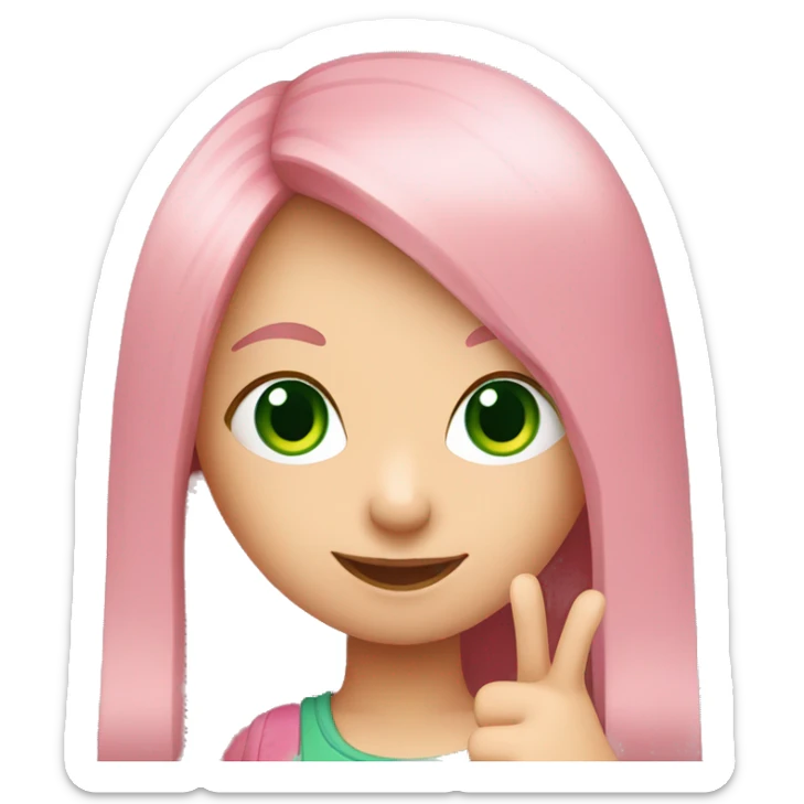fair-skinned green-eyed girl with straight long pink hair shows thumbs up sticker