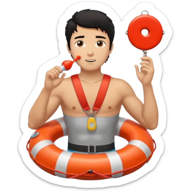 Tan Muscular lifeguard teen boy with rescue buoy and whistle messy black hair sticker