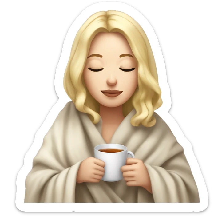 White Girl with blonde hair sipping tea with eyes closed and blanket around head sticker