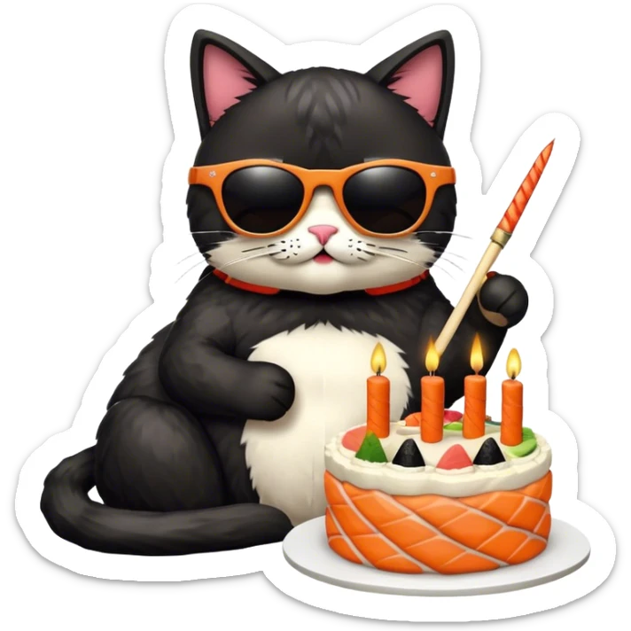 cool cat wearing sunglasses eating a birthday cake made out of sushi sticker