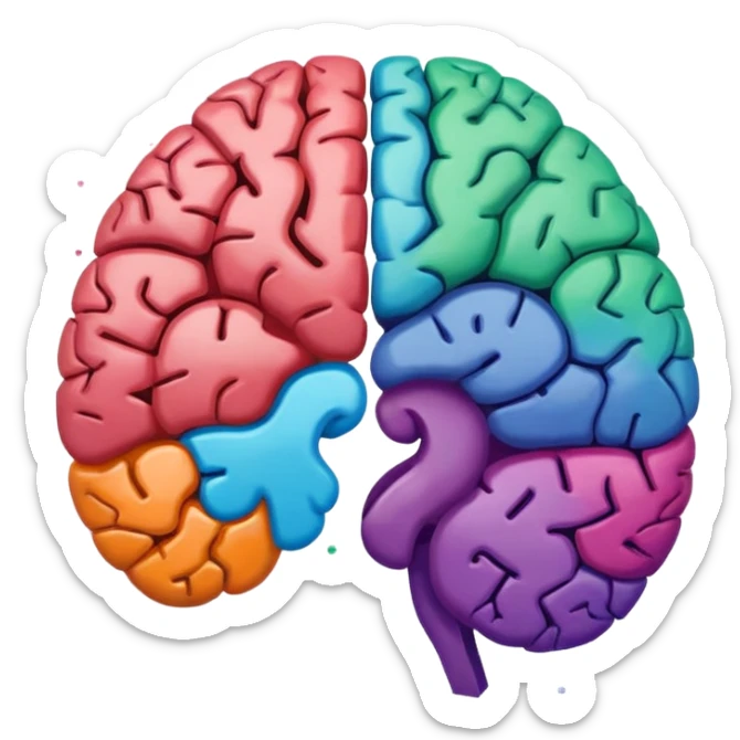 Un cerebro dividido a la mitad; el lado izquierdo está formado por puntos y ceros (0101), y el lado derecho por manchas de pintura de colores vibrantes. sticker