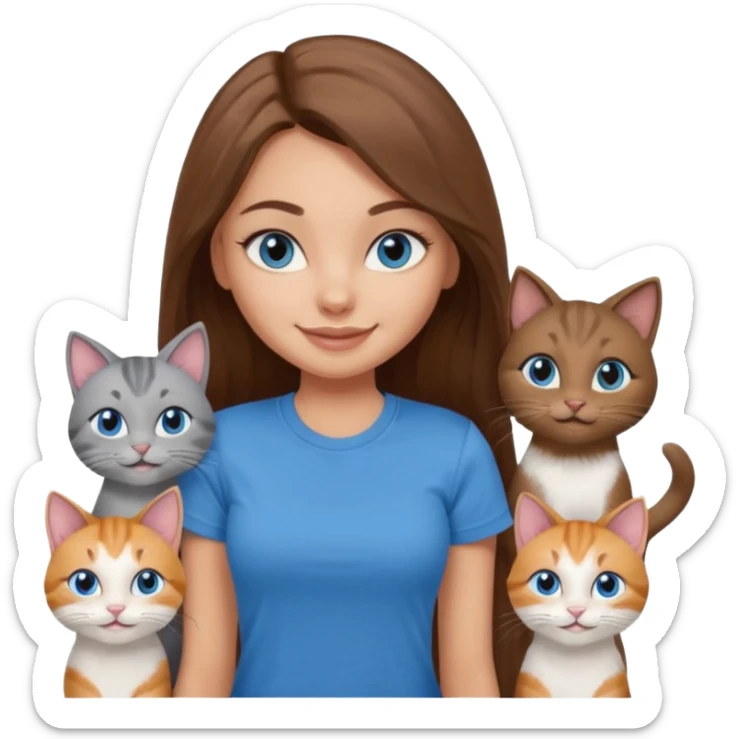a pretty bratz dusky light skin girl with long brown hair, blue eyes with six cats nd wearing a grey tshirt sticker