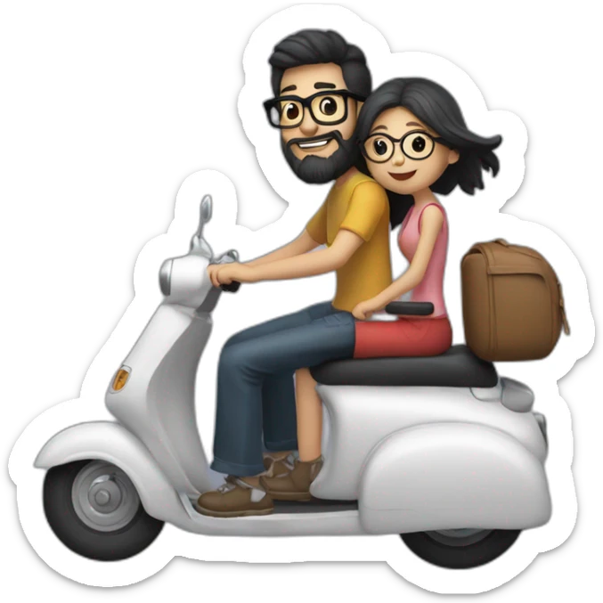 long hair boy with beard and spectacles and girl riding on black scooter sticker