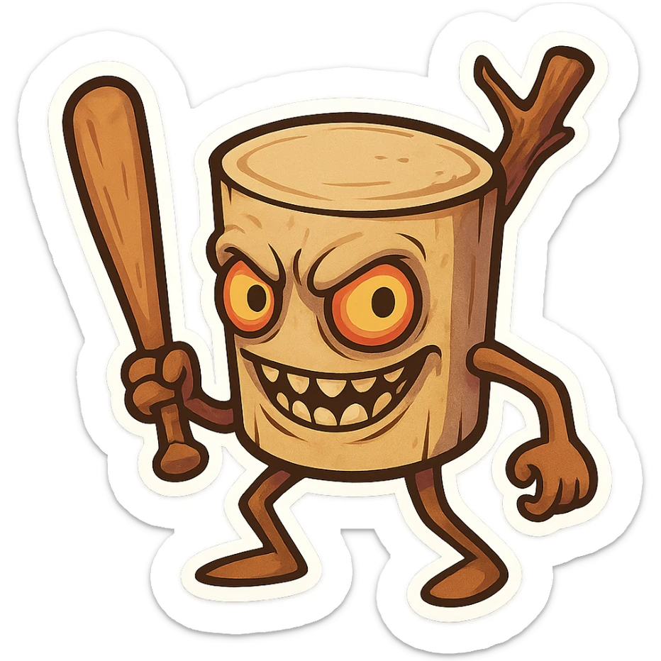 square image of absurd wooden stick-man creature, drum-like cylindrical body, holding baseball bat, cartoon style, bright vivid colors, expressive face, dynamic pose, a bit creepy yet funny,  sticker