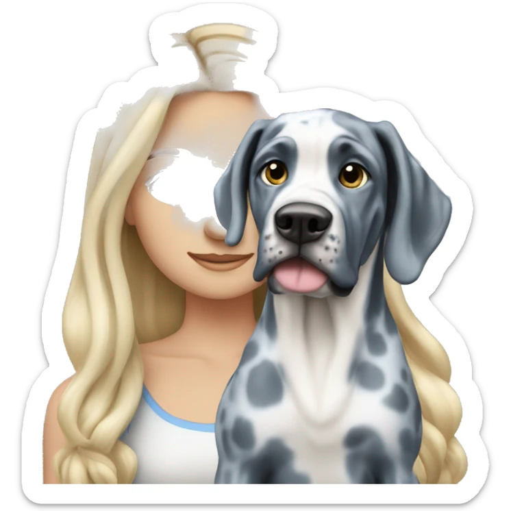 Blonde girl with blue eyes and long hair with a blue merle great dane dog sticker