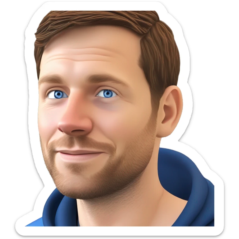 A head and shoulders shot of a 34 year old white man, with short brown hair,   with blue eyes wearing a t-shirt. sticker