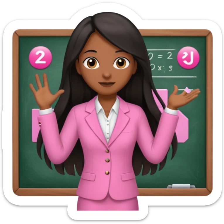 a brown skin teacher with hair with black straight long hair wearing pink not hot pink 2 piece set teaching up on a board the board  sticker