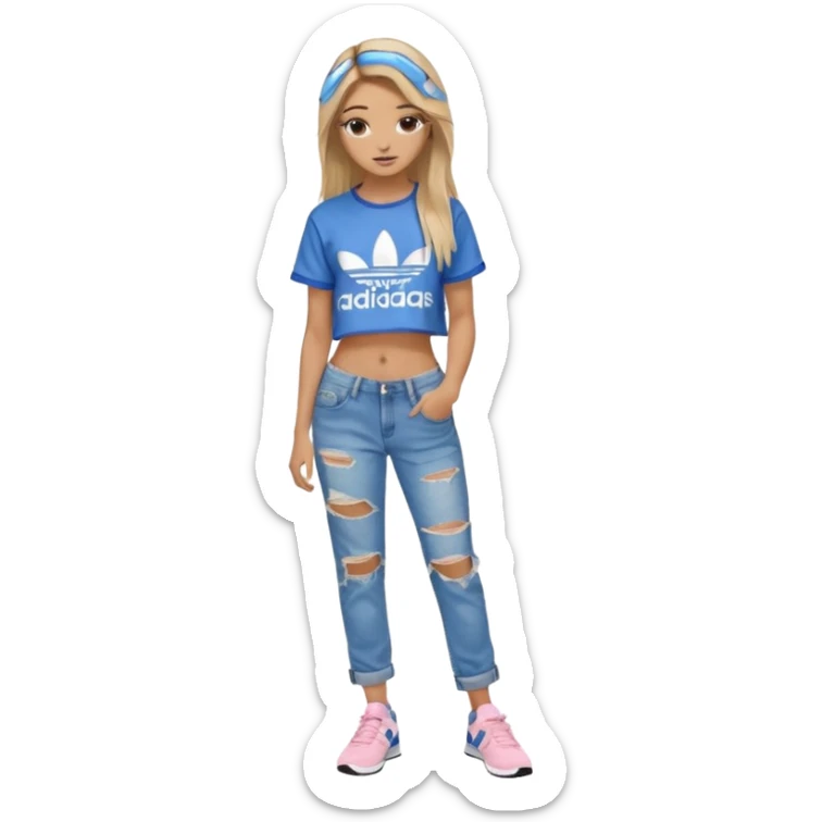 preppy teenage girl, tan, blonde highlights, brown long hair, long eyelashes, beach aesthetic, wearing cute clothes, sexy, wearing ripped blue long baggy jeans with a light pink revealing crop top, wearing Somba Adidas sticker