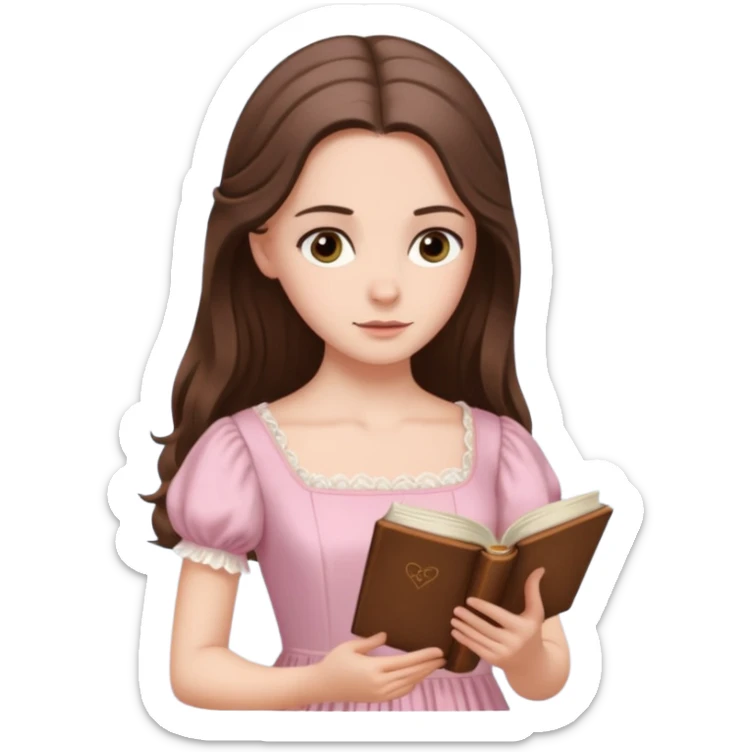  white long brunette hair girl with hazel eyes in light pink reading Pride and Prejudice sticker