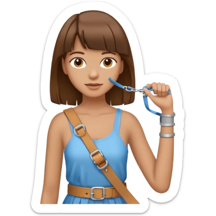 create an emoji of a woman with brown hair and a fringe with her right arm in a brace/sling  sticker