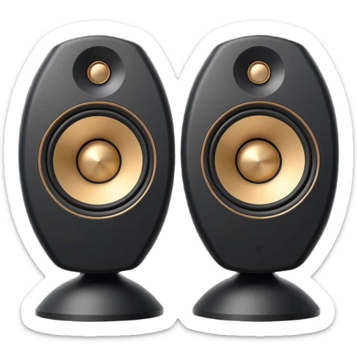 pair of big speakers emoji, deep matte black metal body, circular speaker cones with subtle depth, smooth rounded edges, minimalistic futuristic 3D style, luxury aesthetic sticker